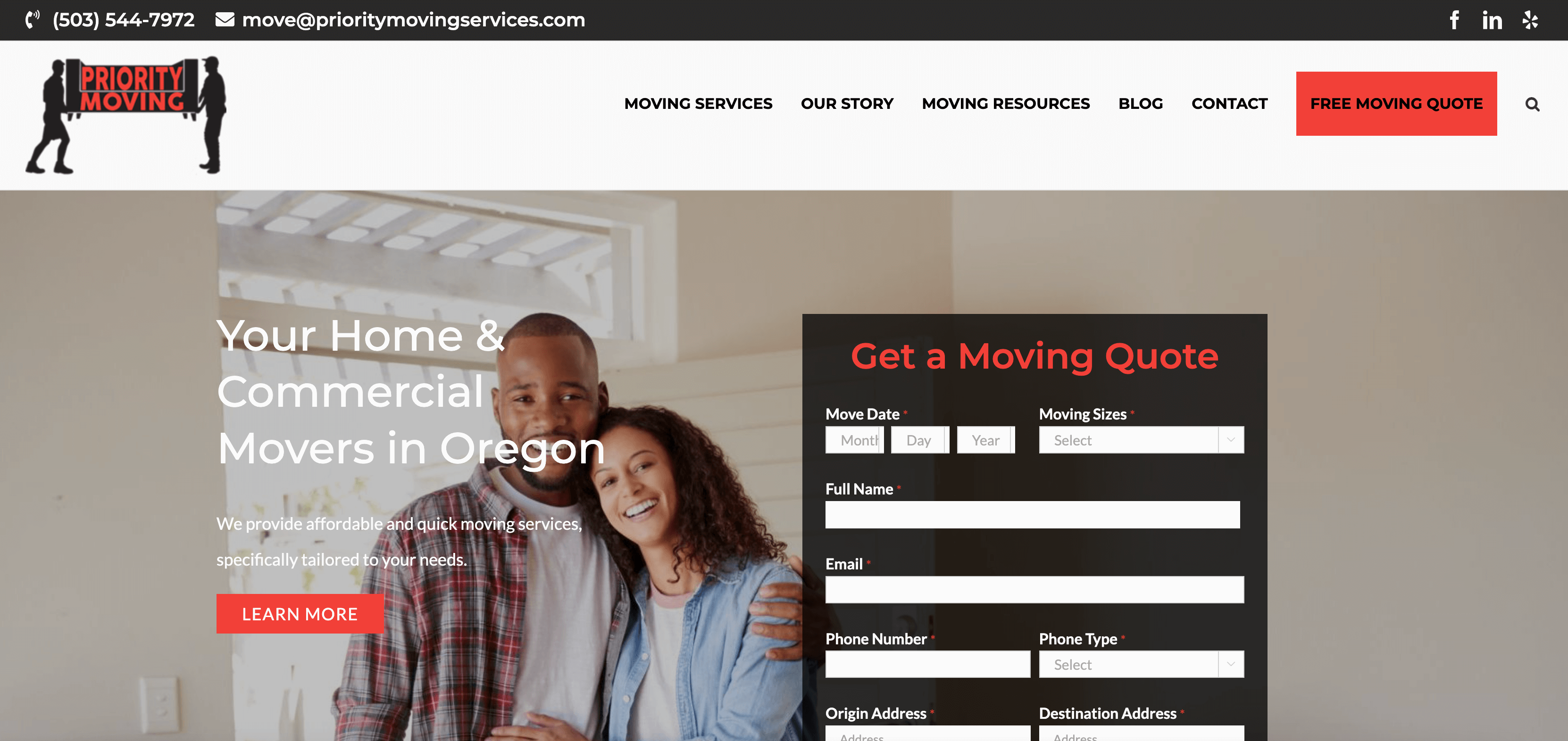 A smiling couple stands together in their new home with moving boxes. The website header displays Priority Moving’s logo, contact info, menu, and a form to get a moving quote in Oregon.
